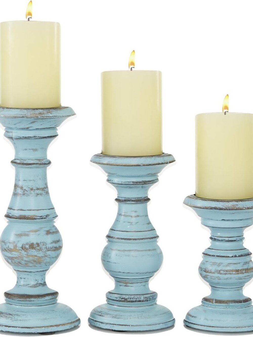 Mango Wood Decorative Candle Holder Distressed Turned Pillar Candle Stand, Set o